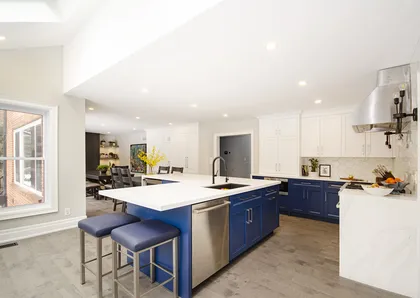 Transitional White & Blue Kitchen with Some Gold - Image 1