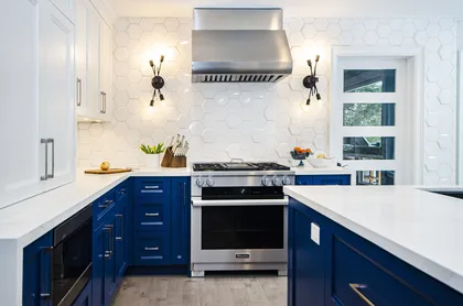 Transitional White & Blue Kitchen with Some Gold - Image 3